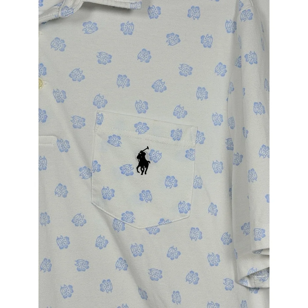 POLO Ralph Lauren Men's Large Performance Pony White Blue Floral Golf Shirt